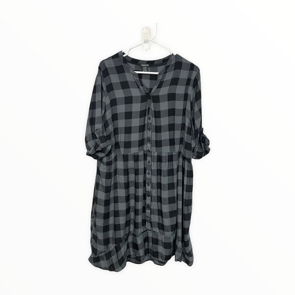 Torrid Black Grey Buffalo Check Button Front Challis Baby Doll Tunic, 2, 2X - Picture 9 of 11